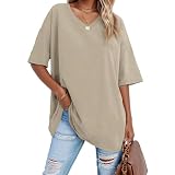 Zhiaek T Shirt Damen V Ausschnitt Oversize Tshirt Sommer Kurzarm Casual Oberteile Lockere Basic Tee Shirts Kurzärmeliges Tunika Baumwolle Bluse Tops Halb