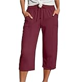 Generisch Damen Caprihose mit Taschen Sommer Freizeithose Einfarbig Weites Bein Elastische Taille Kordelzug Hose Bequeme 3/4 Sommerhose für Alltag Urlaub Strand Reisen und F