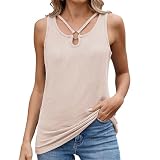 Damen Tank Top Sommer Ärmellos Sexy Shirt mit Rippenstoff & Cut-Out Ring Keyhole Neck Trendy Casual Look für Freizeit & Abend (Beige, S)