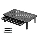 BONTEC Monitorständer mit Schublade, 3 Höhenverstellbarer Monitor Ständer für Schreibtisch mit Mesh-Plattform für Monitor, Laptop, Computer, iMac, Drucker bis 20 kg, Kabelbinder ink