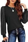 Teesho Damen Langarmshirt Elegant Oberteile Spitze Ärmel Blusen Herbst Shirts Basic Tops Tunika(schwarz/XL)
