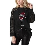 Damen Weihnachtsbluse Schwarz, Weihnachtspullover Langarm mit Spitze Hohl Langarm|Oberteile Lustig Weinglas Muster T-Shirt Weihnachtsshirt Pullover Große Größe Christmas Pulli Oberteile F
