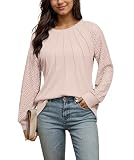 Timuspo Oberteile Damen Waffelstrick Vorne Falten Blusen Rundhals T-Shirt Lässige Basic Langarmshirt mit Spitze Ärmel Aprikose XL