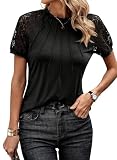 Cuptacc Damen Tshirt Sommer Spitze Bluse Mit Rundhalsausschnitt with Pleats Baumwoll Tunika Shirt Leicht Schwarz, Mittel M 38-40