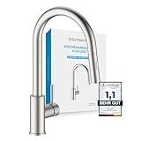 Bächlein Küchenarmatur Kocuso – 360 Grad schwenkbar (gebürsteter Edelstahl) – Einhand-Spültischbatterie mit ausziehbarem Schlauch und Brause mit Umschalt-Taste, Wasserhahn für die Kü