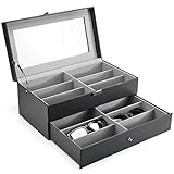 ProCase 2 Schichten Brillenbox 12 Sonnenbrillen-Organizer Displaybox Aufbewahrungsbox Brillenhalter aus Leder Brillen Schatulle Brillenkoffer mit Glasdeckel - Schw