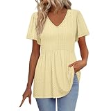 Tunika Damen Lochstickerei Sommer Tshirt Kurzarm V-Ausschnitt Pulli Tops Patchwork Rüschensaum T-Shirt A-Linie Taille Oberteile Einfarbig Schlank Sommershirt Urlaub T Shirt für F
