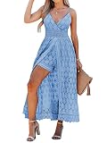 CUPSHE Damen-Jumpsuit mit Rüschen, gesmokt, Sommer, Slip, V-Ausschnitt, rückenfrei, Maxi, hoch, niedrig, Himmelblau,