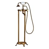 QYZUJIKL Antiker Wannenhahn, freistehender Badewannenhahn, Wasserfall-Wannenfüllhahn mit Handbrause, Doppelgriff-Wannenhahn, bodenmontierter Messing-Füllermischhahn, Antikmessing C