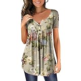 HOOUDO Tages Angebote Sale Kurzärmliges Damen-T-Shirt mit Knopfleiste, Blumendruck, Plissee-Oberteil, lässige, Florale Passform Damenoberbekleidung Laessige Oversize Shi Meine Bestellungen Anzeig