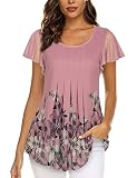 Gaharu Longbluse Damen Elegant Sommer Top Frauen Lang Oberteile Locker Vokuhila Bluse Kurzärmlig Tunika Abend Party Damenoberteile mit Elasthan Shirt Schmetterlingsärmel Freizeitbluse Rosa-Blumen,XL