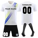 Benutzerdefiniert Fussball Trikot Kinder Set Personalisierte Jeder Namen Nummer Team Logo Sporttraining T-Shirts und Shorts für Erwachsene/Kinder, Fußballtrikot S
