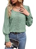 Damen-Top, elegant, lässig, locker, Stehkragen, Spitze, gehäkelt, bestickt, modisch, elegant, Puff-Langarm-Shirt, grün, L
