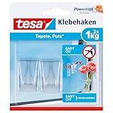tesa Klebehaken für transparente Oberflächen und Glas (1 kg) - Durchsichtige, selbstklebende Haken - Bis zu 1 kg Halteleistung pro Haken, 2-er Pack