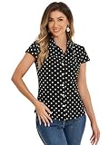Allegra K Damen Punkte Oberteil Stehkragen Vintage Polka Dots Punkte Kurzarm Shirt Bluse Schwarz M