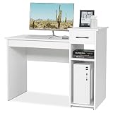 GIANTEX 102cm Computertisch, Schreibtisch mit Schubladen & Aufbewahrungsregalen, moderner einfacher Gaming Tisch/für Zuhause und Büro, einfacher Zusammenbau (Weiß)
