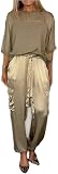 Glattes Satin-Oberteil und Hose, halblange Ärmel, Damen, Sommer, lässig, Satin, 2-teiliges Outfit, Jogger, Kurzarm-Set (Gold, XX-Large), b