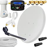 HB-DIGITAL Sat-Komplett-Set: Mini Sat Anlage 40cm Schüssel Hellgrau + LNB 0,1 dB + 10m Kabel + SAT-Finder Digitale Anzeige & vergoldete Anschlüsse + Fensterdurchfürung Weiß + F-Stecker + Gummitü