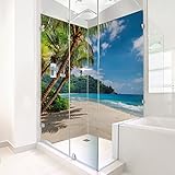 ORIGINAL PlateART Eck-Duschrückwand, 2 Platten à 90x200 cm, Wandverkleidung, Wandbild, Rückwand Alu-Dibond OHNE FUGEN, Fliesenersatz, Motiv Karibik Palme am Strand - Made in Germany