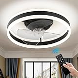 FRIXCHUR Moderne Deckenventilatoren mit Lichtern und Fernbedienung, 16“ Low Profile Flush Mount Deckenventilator LED Kronleuchter Deckenventilatoren für Schlafzimmer Wohnzimmer (Black)