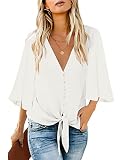 Roskiky Damen Bluse Chiffon Elegant V-Ausschnitt Bell Sleeve Fledermausärmel Oberteile Hemd Loose Tops mit 3 4 Arm Weiß S