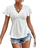 GORGLITTER Bluse Mit Spitze Damen Elegant Blusenshirt Mit Stickerei Blusentop Mit Rüschen Oberteil Weiß M