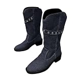 Damenschuhe Sneaker Reitschuhe GrüNe Stie, einfarbig, Cowboy-PU-Stiefel, Damen-Stiefel mit mittellangem Absatz, klobiger Absatz, mittelhohe Stiefel CowboyStiefel Beige Stiefel Kurz Boots (Black, 37)