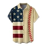 Herren Baseball Game Day Hawaii-Hemden Amerikanische USA-Flagge Tops Sommer Kurzarm Knopf Strand T-Shirts Blusen Tees, Beige,