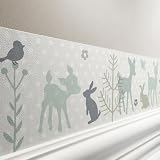 lovely label Bordüre selbstklebend HÄSCHEN & REHE MINT BEIGE - Wandbordüre Kinderzimmer Babyzimmer mit Hase & Reh Waldtiere - Wandtattoo Schlafzimmer Mädchen & Junge – Wanddeko Baby
