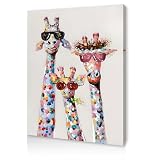Qiukoo Wall Art - Bunte Giraffe Leinwanddruck mit Sonnenbrille, lustige Tier-Wanddekoration für Schlafzimmer, Wohnzimmer, Flur oder Treppe, mit vormontiertem Rahmen und Haken, 30 x 39,9