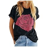 Kobilee Damen Tshirt Rundhalsausschnitt Kurzarm T-Shirt Rosen Drucken Basic Shirt Schickes Grünes Tshirt Gelbes Sport Kostüm Rotes Elegant Tee Tops Sonnenb