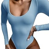 ORANDESIGNE Damen Body Rippenstrick Bodysuit Herbst T-Shirt Bodies Langarmshirt Slim Oberteil mit Asymmetrischem Kragen K Blau XS