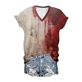 Damen Halloween Blood Graphic T-Shirts Blood Stain Hand Shirt sarkastic Humor Spruch Shirts Halloween Horror Movie Tees Kurzarm Rundhalsausschnitt T