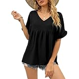 Damen Sommer Casual Tshirt V Ausschnitt Elegant Oberteile Rüschen Bluse Top Damen Kurzarm Lose T-Shirts(XL-Schwarz)