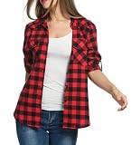 Timuspo Damen Kariertes Hemd mit Knopfleiste Langarm Oktoberfest Bluse Karo Tunika Baumwolle Tops Casual V-Ausschnitt Oberteile Rot/M