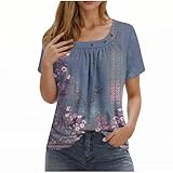 Tops für Damen Modisch Bedruckt Kurzärmelig Quadratischer Ausschnitt Oberteil Plissiert Tunika Bluse Fließendes Henley T-Shirt Sommerblusen Lässig Elegante Hemden Pullover-Shirt Langes T-S