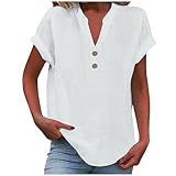 t Shirt Damen, musselin Bluse Damen 2025 Frauen Sommer Tshirt Baumwolle Leinen Cap Sleeve T-Shirt Knopf V-Ausschnitt Tunika Tops Mode Baggy Solid Plain Casual Tshirts Trendy Bluse weiß M