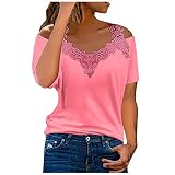 Tunika Damen Sommer Kurzarm Tshirt Modische Spitzenbesatz Bluse Schulterfreies V-Ausschnitt Shirt Floralem Schmetterlingsdruck Oberteile Sexy Schnürung T-Shirt Slim Fit Tops Partyw