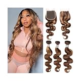 Extensions Echthaar Highlight P4/27 Body Wave Bundles mit 4x4 HD Lace Closure 3 4 Bundles Peruanisches Honigbraun Remy Menschenhaar mit Verschluss Haarverlängerungen(12 14 16 with 10)