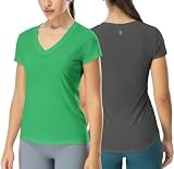 icyzone Damen T-Shirt Kurzarm V-Ausschnitt Yoga Tops Casual Sport Shirt, 2er Pack (M, Dark Grey/Green)