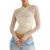 Damen Shirts Tüll Mesh Langarmshirts Oberteile Transparente Schwarz Langarm Tshirts Fishnet Sheer Lace Blusenoberteile High Stretch Slim Fit Mesh Sexy Bluse Tunika Casual Teenage Mädchen (Beige, L)