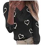 Yowablo Langarmshirt Damen T-Shirt Elegant Shirts Casual Basic Oberteile Langarm Tops Oversize T-Shirt Top Bluse Frauen Herzen Print V-Ausschnitt Spitze Patchwork Langarm (S,Schwarz)