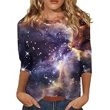 Galaxy Shirt Damen Galaxy Kostüm Damen 3/4-Ärmeln Shirts Damen Galaxy T-Shirt Galaxie Universum Stern Weltraum Grafik Bedrucken Glitzer Oberteile Für Karnevalskostüme Lila L