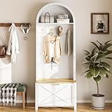 Merax Garderobe Set, Flur Garderoben Kompaktgarderobe, Multifunktionaler Garderobenschrank mit Schuhregal, Ablage & Haken, Gewölbter Garderobenständer für Eingangsbereich, Weiß, 75x35x195