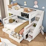 OKMYHOME Etagenbett 90 x 200 cm + 140 x 200 cm – mit Schubladen und Tafel – ohne Matratze – Weiß