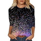 Pailletten Oberteil Damen, T-Shirt mit 3/4 Arm Pailletten-Aufdruck für Stilvollen Glamour Im Alltag Oder Besonderen Anlässen (Black XXL)