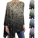 Glitzer Shirt Damen Lang Große Größen - Oberteile Mit 3D-Durcken Oversized Longshirt Festlich Glitzer-Shirt Vintage Elegante Longblusen Silvester Blusen-Tops Locker Casual T-S