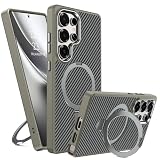 GUAGUA Magnetisch Handyhülle für Samsung Galaxy S25 Ultra Hülle [Kompatibel mit MagSafe] mit Ring Ständer Carbon Fiber Muster Stoßfest Schutzhülle Case für Samsung S25 Ultra (6,9'') Titan Natur/G