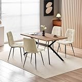 WAFTING Essgruppe Esstisch mit 4 Stühlen, 140×80×73cm Esstisch mit Dunkle Holzmaserung, und Gepolsterte Beige Esszimmerstühle mit Leinendesign und hoher Rückenlehne, für Esszimmer Küche, W