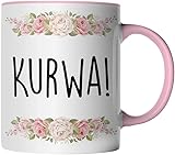 DragonHive Tasse - Kurwa - Geschenk Idee Kaffeetasse mit lustig Spruch und Blumen, Keramik 330ml, Tassenfarbe: R